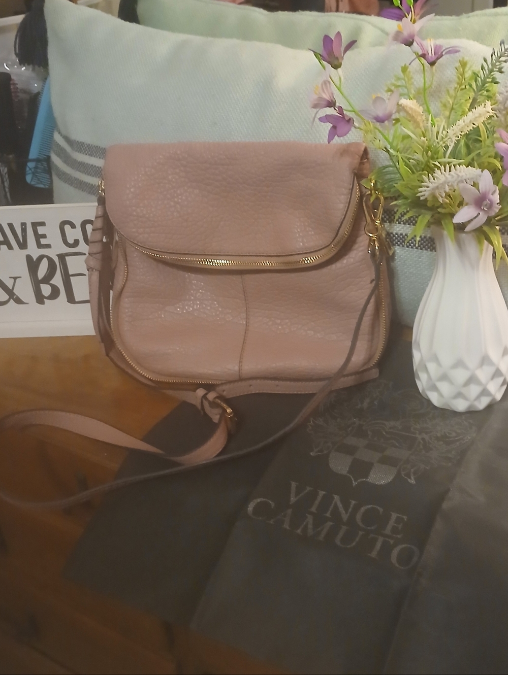 Vince Camuto Dusty Rose Pebbled Leather Crossbody